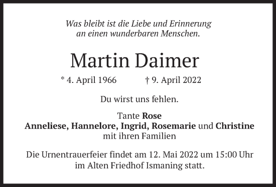 Todesanzeige von Martin Daimer von merkurtz
