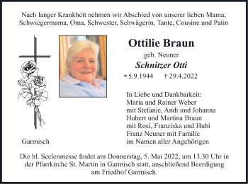 Todesanzeige von Ottilie Braun von merkurtz