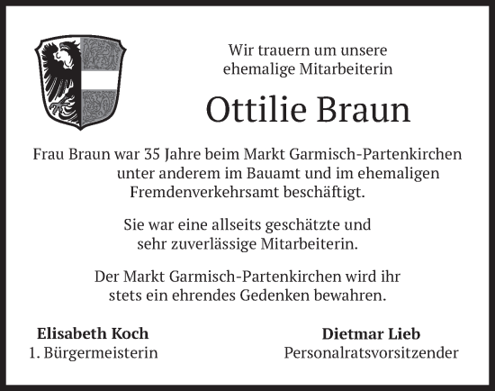 Todesanzeige von Ottilie Braun von merkurtz