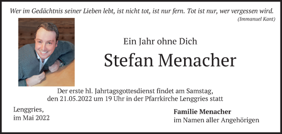 Todesanzeige von Stefan Menacher von merkurtz