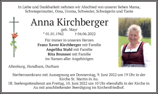 Todesanzeige von Anna Kirchberger von merkurtz