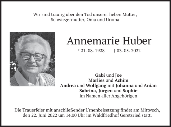 Todesanzeige von Annemarie Huber von merkurtz