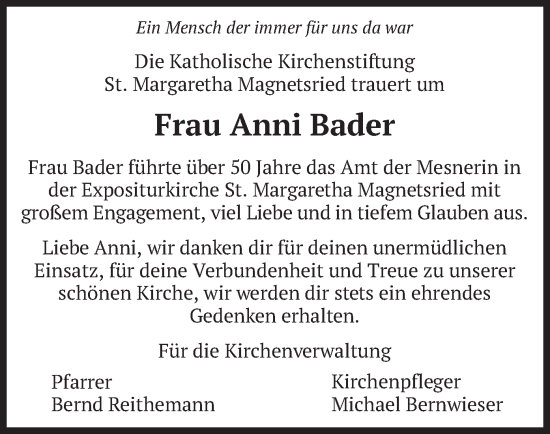 Todesanzeige von Anni Bader von merkurtz