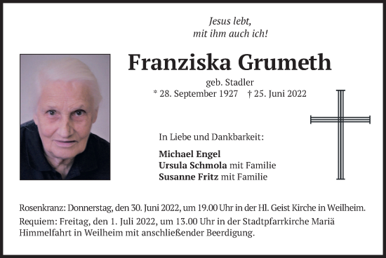 Todesanzeige von Franziska Grumeth von merkurtz