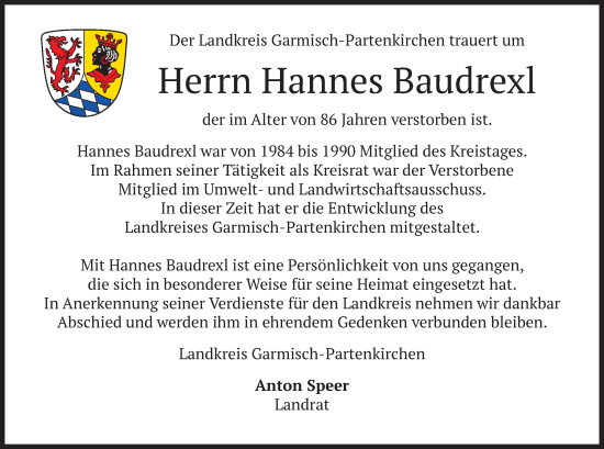 Todesanzeige von Hannes Baudrexl von merkurtz