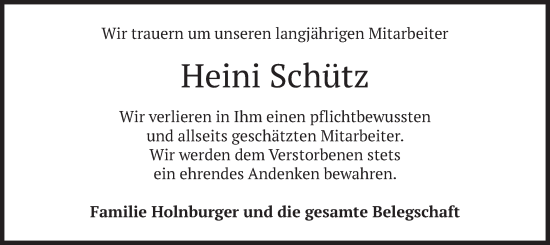 Todesanzeige von Heini Schütz von merkurtz