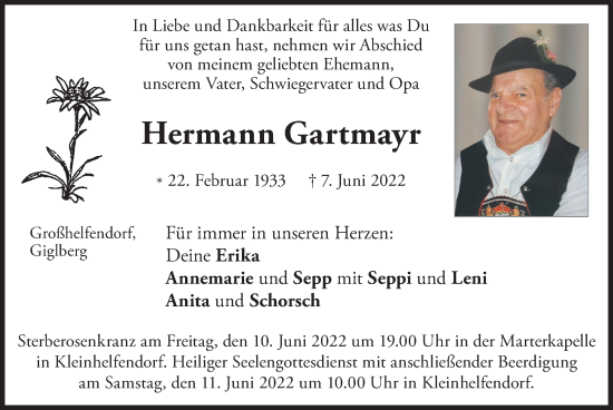 Todesanzeige von Hermann Gartmayr von merkurtz