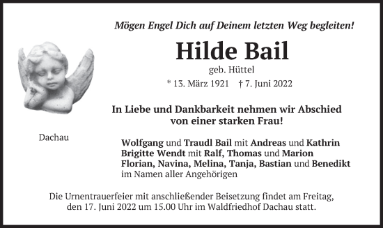 Todesanzeige von Hilde Bail von merkurtz