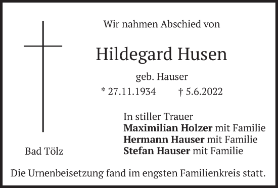 Todesanzeige von Hildegard Husen von merkurtz