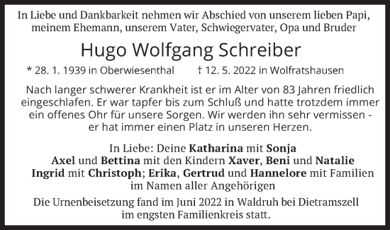 Todesanzeige von Hugo Wolfgang Schreiber von merkurtz