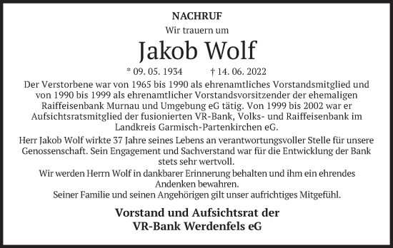 Todesanzeige von Jakob Wolf von merkurtz