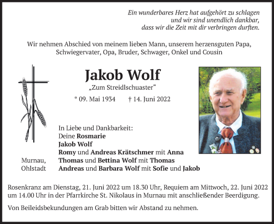 Todesanzeige von Jakob Wolf von merkurtz