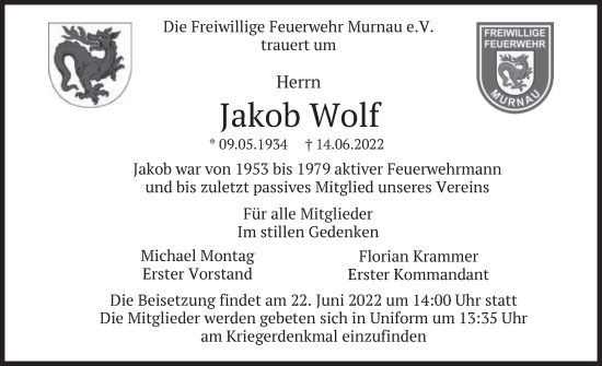 Todesanzeige von Jakob Wolf von merkurtz