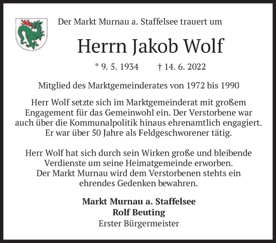 Todesanzeige von Jakob Wolf von merkurtz