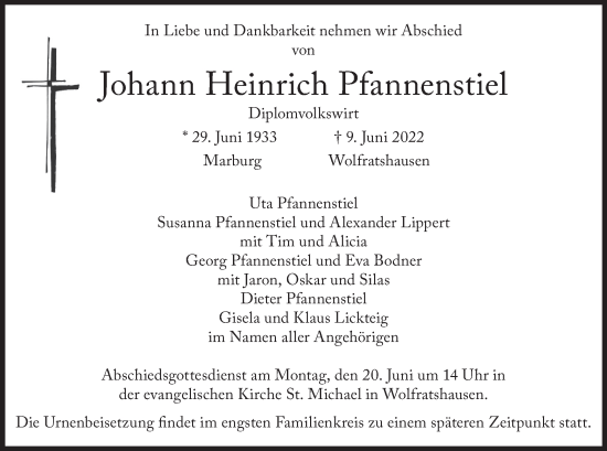 Todesanzeige von Johann Heinrich Pfannenstiel von merkurtz