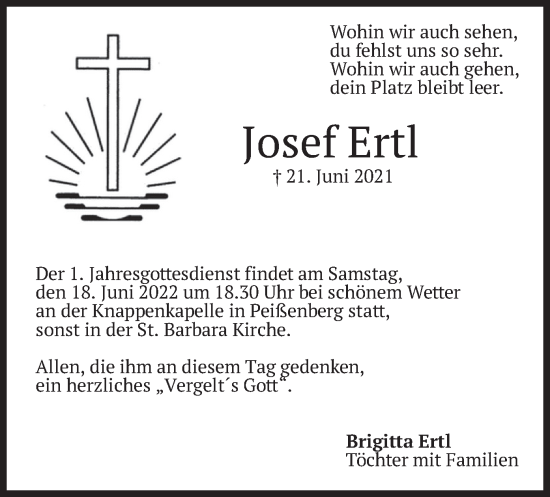 Todesanzeige von Josef Ertl von merkurtz