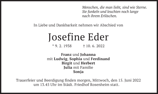 Todesanzeige von Josefine Eder von merkurtz