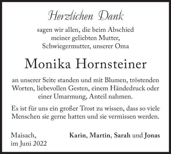 Todesanzeige von Monika Hornsteiner von merkurtz