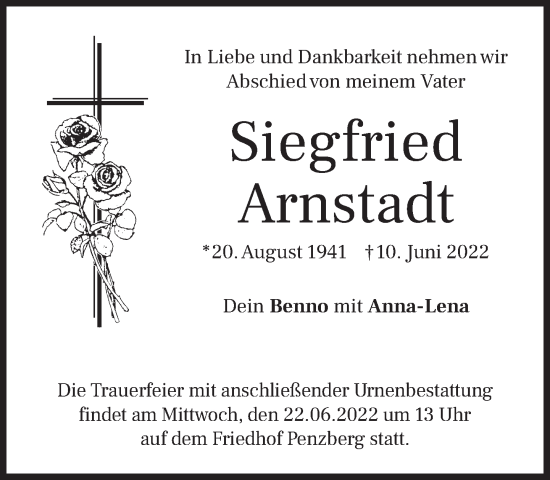 Todesanzeige von Siegfried Arnstadt von Das Gelbe Blatt Penzberg