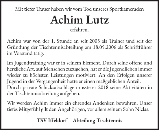 Todesanzeige von Achim Lutz von Das Gelbe Blatt Penzberg
