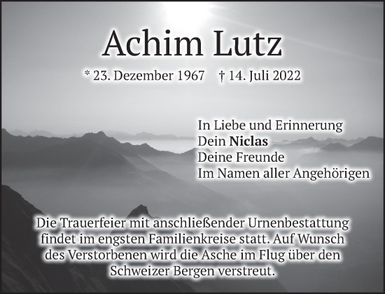 Todesanzeige von Achim Lutz von Das Gelbe Blatt Penzberg