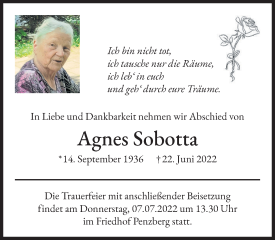 Todesanzeige von Agnes Sobotta von Das Gelbe Blatt Penzberg