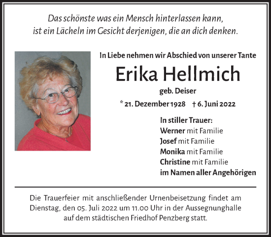 Todesanzeige von Erika Hellmich von Das Gelbe Blatt Penzberg