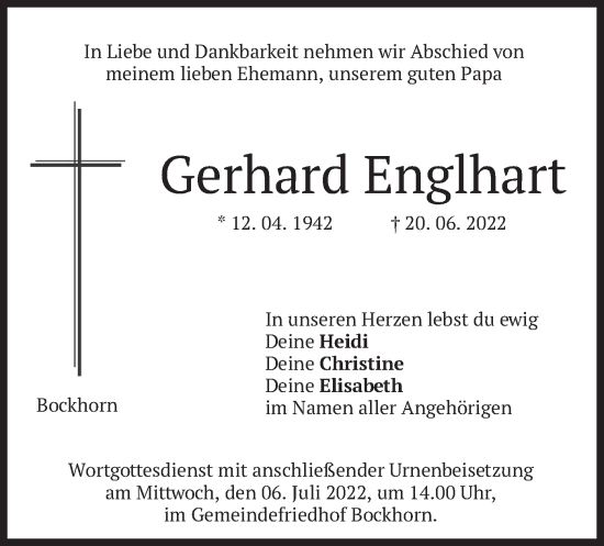 Todesanzeige von Gerhard Englhart von merkurtz