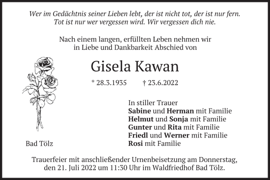 Todesanzeige von Gisela Kawan von merkurtz