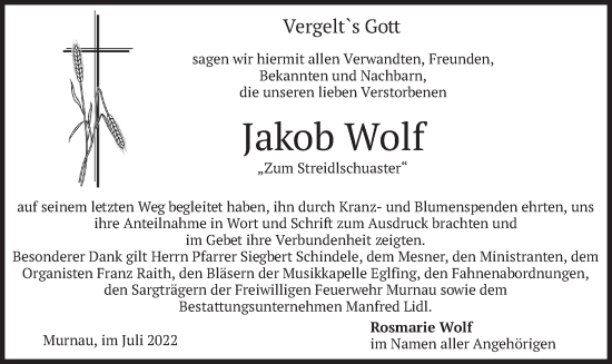 Todesanzeige von Jakob Wolf von merkurtz