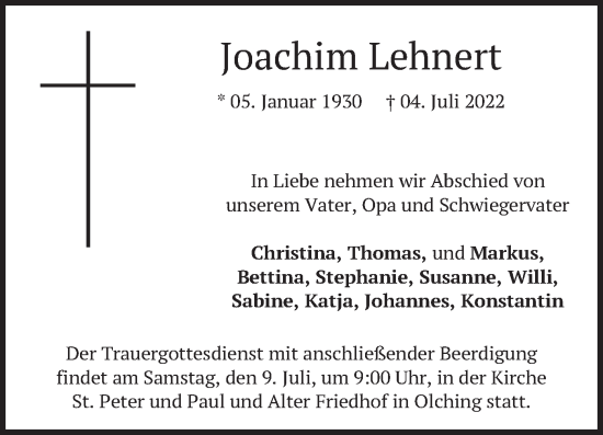 Todesanzeige von Joachim Lehnert von merkurtz