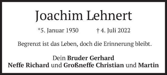 Todesanzeige von Joachim Lehnert von merkurtz