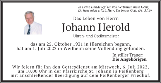 Todesanzeige von Johann Herold von merkurtz