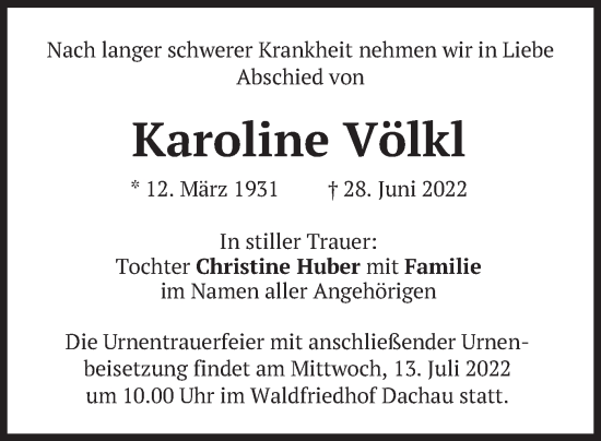 Todesanzeige von Karoline Völkl von merkurtz