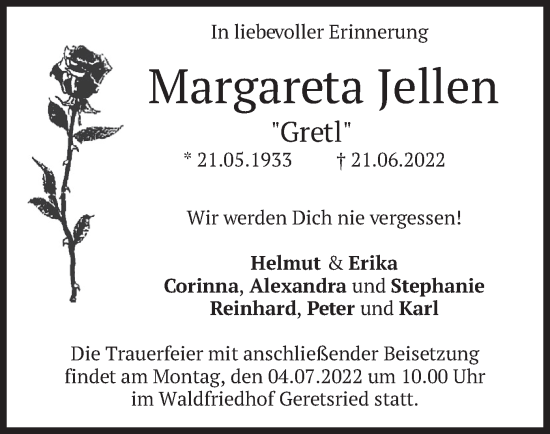 Todesanzeige von Margareta Jellen von merkurtz