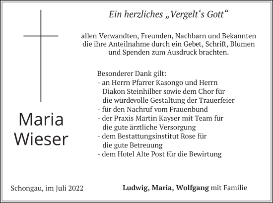 Todesanzeige von Maria Wieser von merkurtz