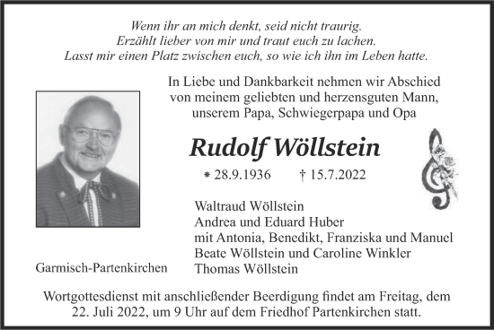 Todesanzeige von Rudolf Wöllstein von merkurtz