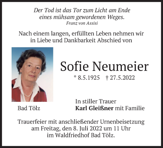 Todesanzeige von Sofie Neumeier von merkurtz