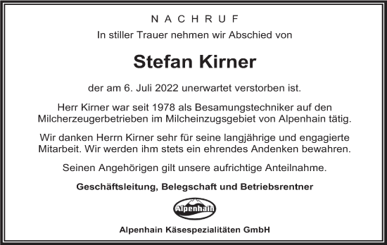 Todesanzeige von Stefan Kirner von merkurtz