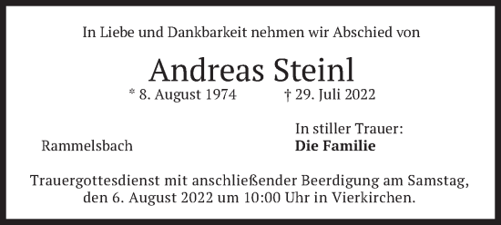 Todesanzeige von Andreas Steinl von merkurtz