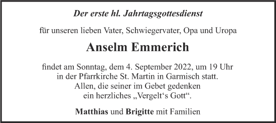 Todesanzeige von Anselm Emmerich von merkurtz