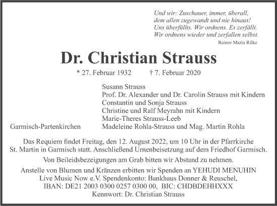 Todesanzeige von Christian Strauss von merkurtz