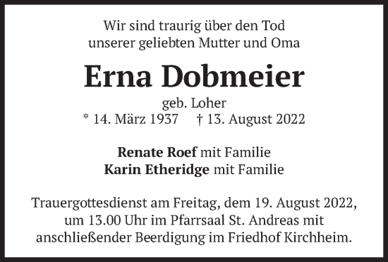 Todesanzeige von Erna Dobmeier von merkurtz