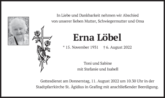 Todesanzeige von Erna Löbel von merkurtz