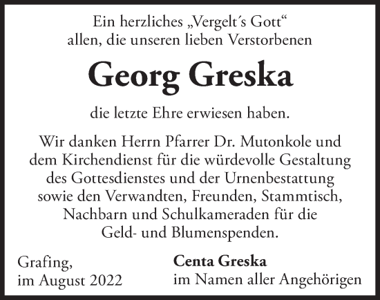 Todesanzeige von Georg Greska von merkurtz