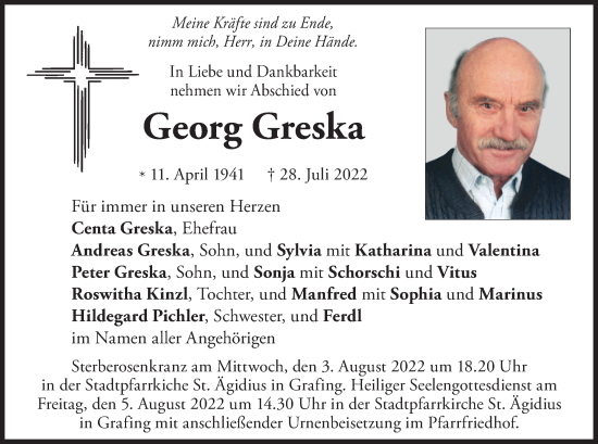 Todesanzeige von Georg Greska von merkurtz