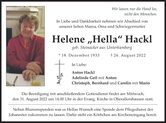 Todesanzeige von Helene Hackl von merkurtz