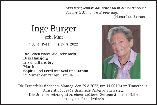 Todesanzeige von Inge Burger von merkurtz
