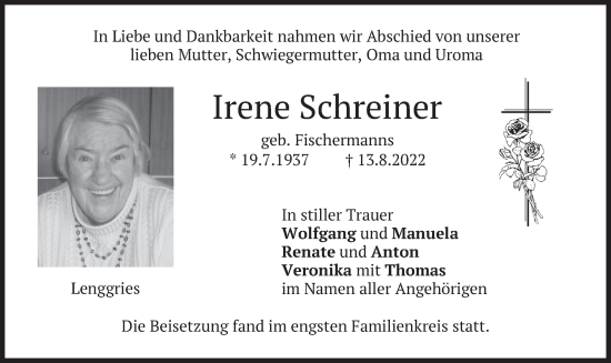 Todesanzeige von Irene Schreiner von merkurtz