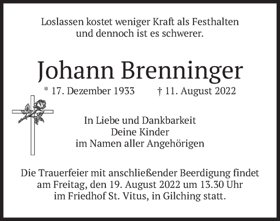 Todesanzeige von Johann Brenninger von merkurtz